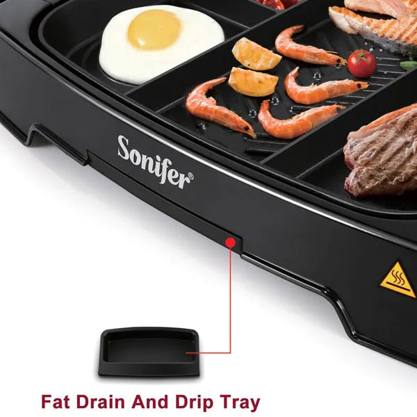 Sonifer Electric Multi Portion Grill with Adjustable Temperature, Non-Stick Coating & Detachable Thermostat - 1500W