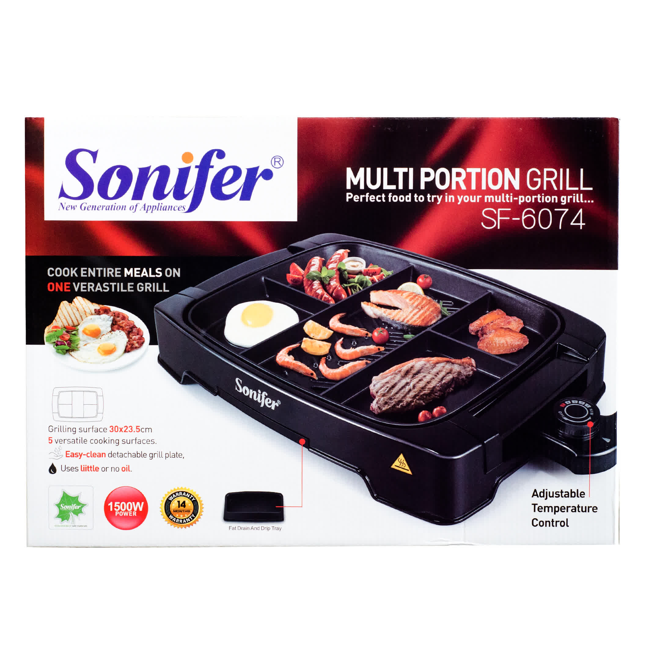 Sonifer Electric Multi Portion Grill with Adjustable Temperature, Non-Stick Coating & Detachable Thermostat - 1500W
