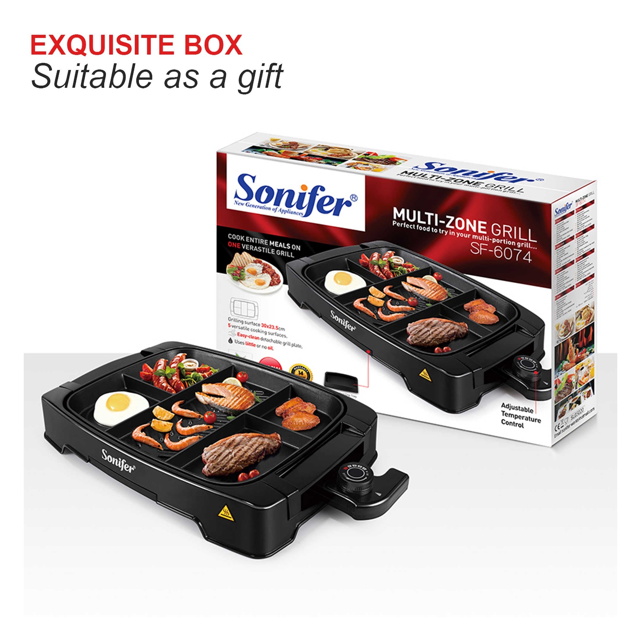 Sonifer Electric Multi Portion Grill with Adjustable Temperature, Non-Stick Coating & Detachable Thermostat - 1500W