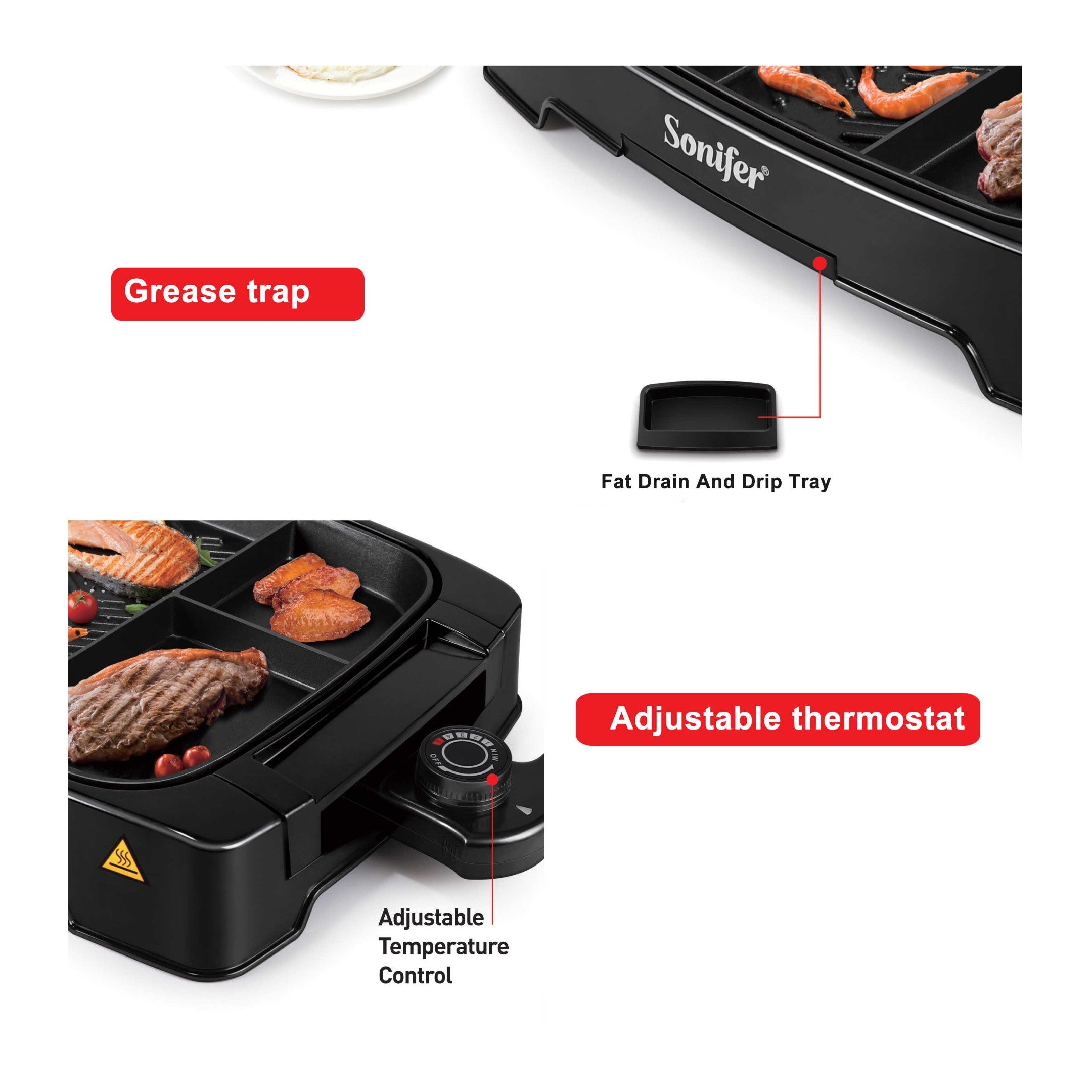 Sonifer Electric Multi Portion Grill with Adjustable Temperature, Non-Stick Coating & Detachable Thermostat - 1500W