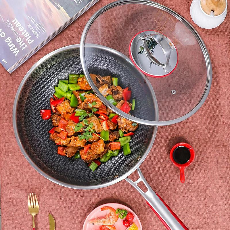 7-Layer Non-Stick Stainless Steel Cooking Pot with Induction Base, Honeycomb Texture & Anti-Oil Smoke Technology – 34CM Deep Stir Fry Cookware