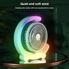 Adjustable Rechargeable Desktop Fan with Colorful Ambient Lights, 3-Speed Cooling & 180° Rotation