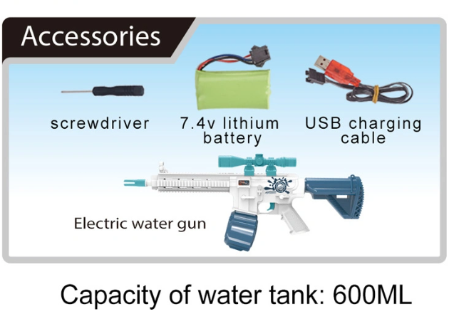 Automatic Electric Battle Water Gun Toy with Rechargeable Battery - 600ml High Capacity - 8 to 10m Range