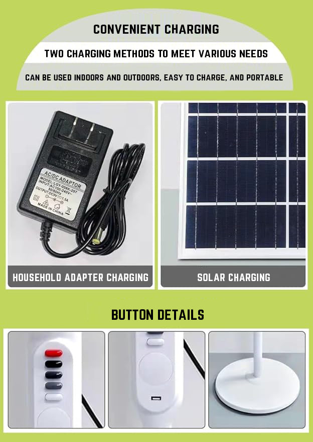 3-in-1 Rechargeable Solar Standing Fan – 16 Inch | Adjustable Height, LED Light, Speed Control & USB Charging Port