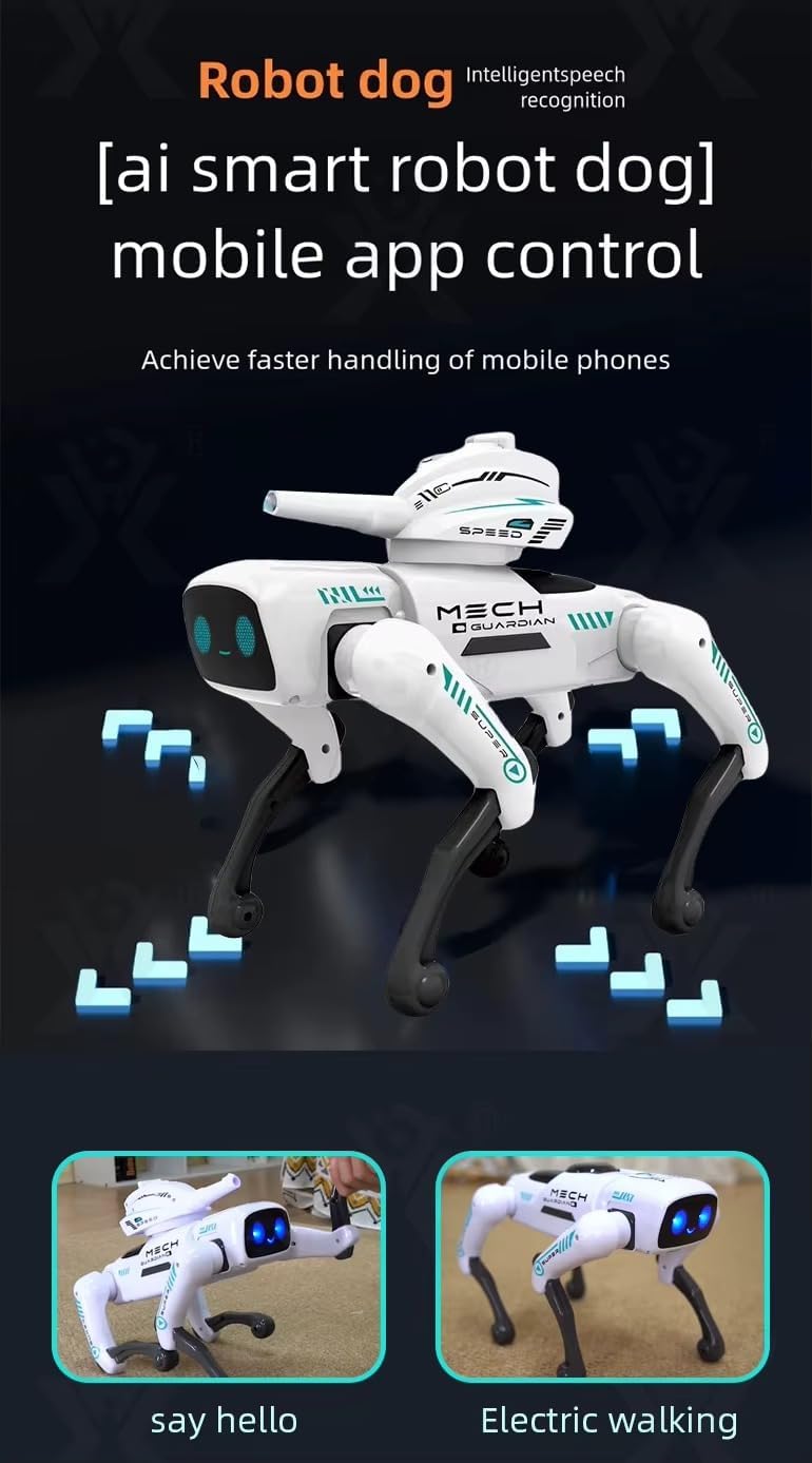 Mech Guardian Intelligent RC Robot Dog Toy with Water Bomb Launcher, LED Eyes, Dancing, and Educational Modes - Rechargeable & Mobile App Controllable