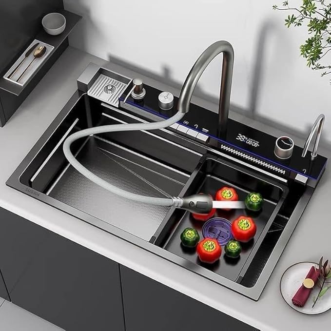 Premium Smart Stainless Steel Kitchen Sink with Waterfall & Pull-Down Faucet, RO Tap, Glass Washer, Draining Baskets, Temperature Display & Controller - 30 x 20 x 10 inch