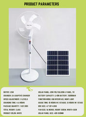 3-in-1 Rechargeable Solar Standing Fan – 16 Inch | Adjustable Height, LED Light, Speed Control & USB Charging Port