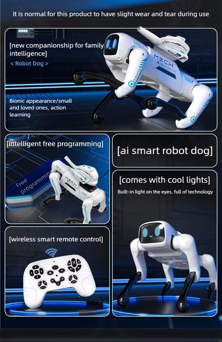 Mech Guardian Intelligent RC Robot Dog Toy with Water Bomb Launcher, LED Eyes, Dancing, and Educational Modes - Rechargeable & Mobile App Controllable