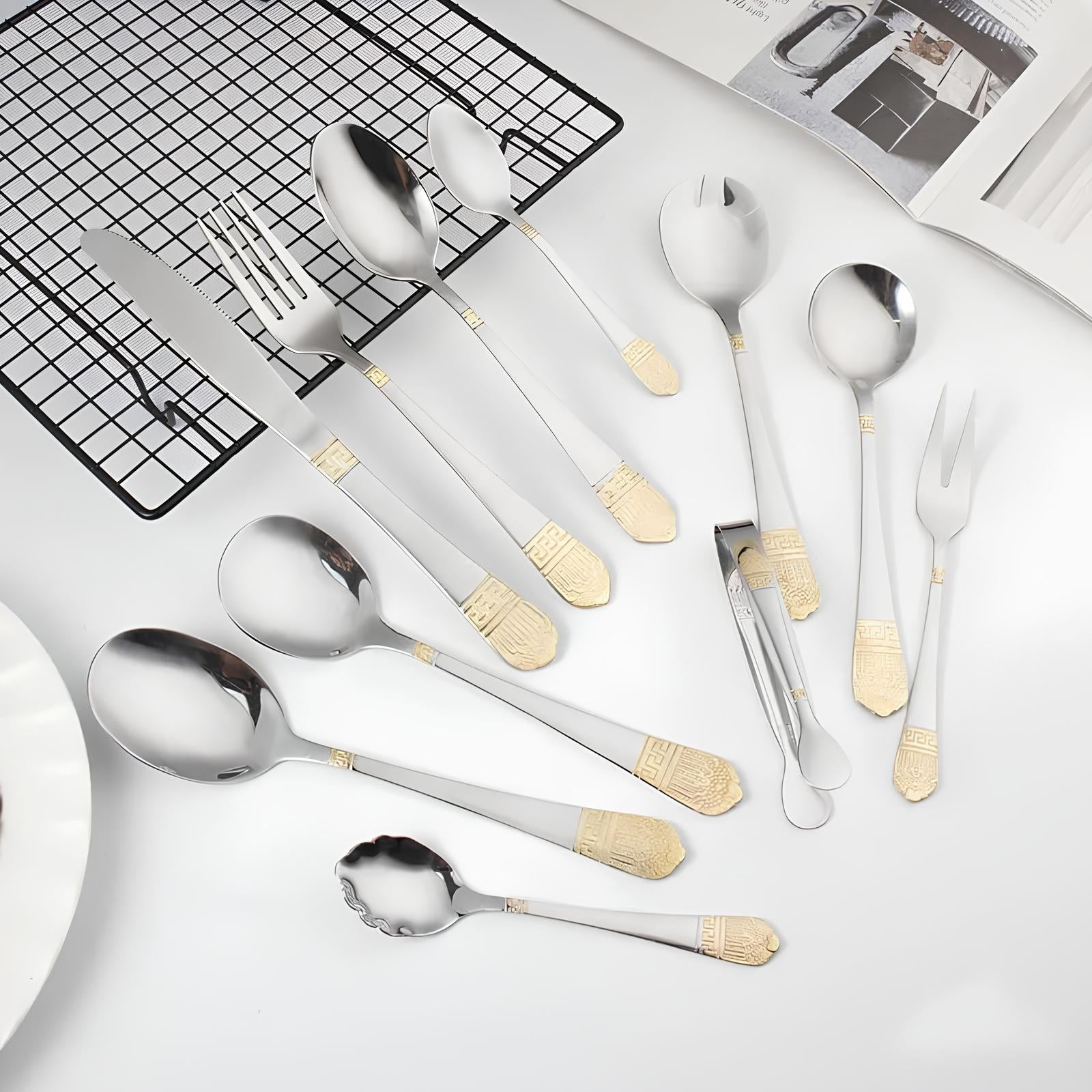 Hoff Mayer Elegant 84-Piece Stainless Steel Silver Flatware Set with Wooden Storage Box