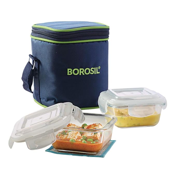Borosil Klip N Store Lunchbox Set with Bag, 2 Square Borosilicate Glass Containers (320ml Each), Leak-Proof, Microwave & Dishwasher Safe