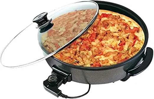 Large 42cm Electric Pizza Pan with 9cm Depth, Non-Stick Coating, Adjustable Thermostat & Glass Lid