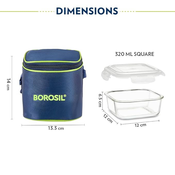 Borosil Klip N Store Lunchbox Set with Bag, 2 Square Borosilicate Glass Containers (320ml Each), Leak-Proof, Microwave & Dishwasher Safe