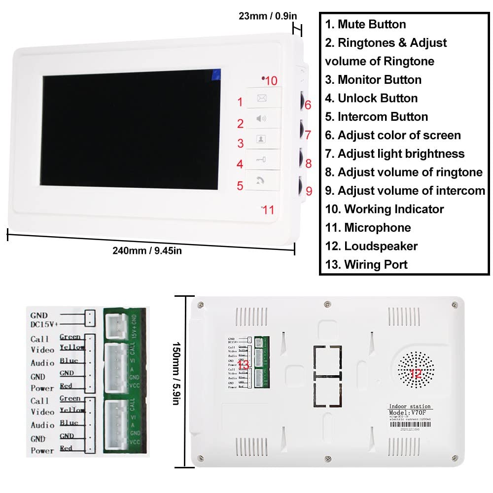 Wired Video Door Phone Intercom System with 7-Inch TFT-LCD Screen, Night Vision Camera, 2-Way Audio, Remote Unlock & Do Not Disturb Function for Home & Villa Security