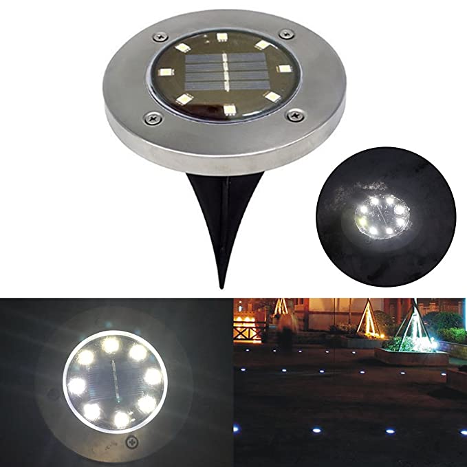 Set of 4 Round Solar Powered Garden LED Lights for Ground Pathway with UV and Water Resistance