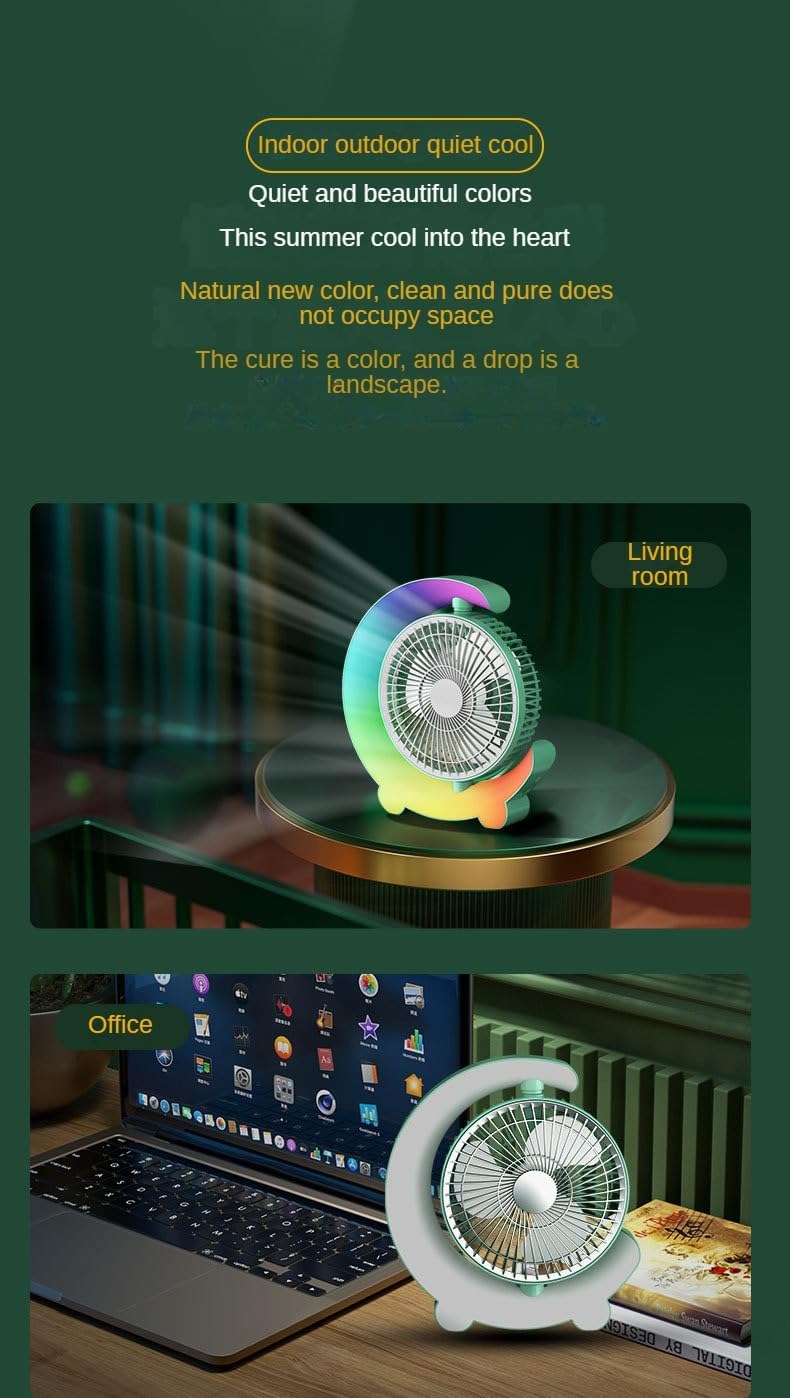 Adjustable Rechargeable Desktop Fan with Colorful Ambient Lights, 3-Speed Cooling & 180° Rotation