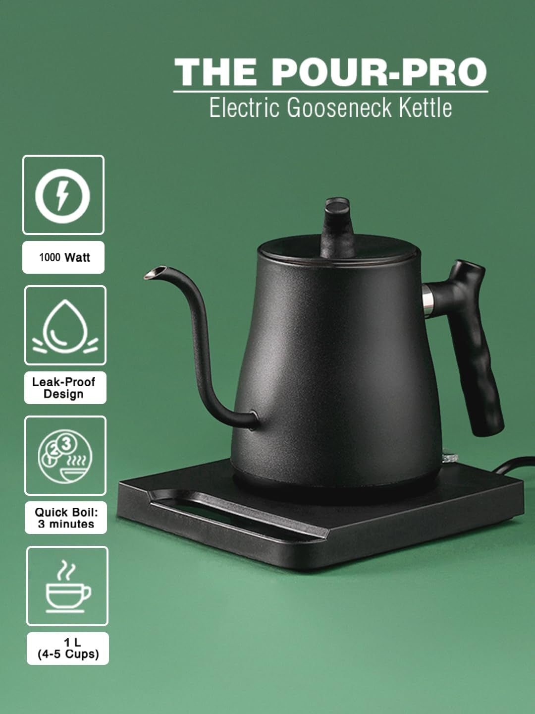 Elegant Electric 1L Gooseneck Kettle with Constant Temperature, Auto Shut-Off and Precision Spout - Coffee & Tea Kettle - 1000W