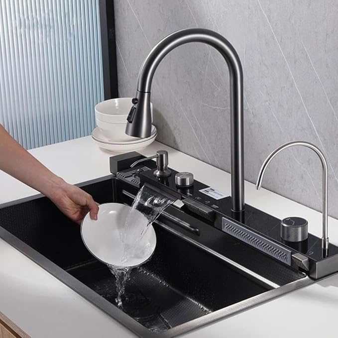 Premium Smart Stainless Steel Kitchen Sink with Waterfall & Pull-Down Faucet, RO Tap, Glass Washer, Draining Baskets, Temperature Display & Controller - 30 x 20 x 10 inch