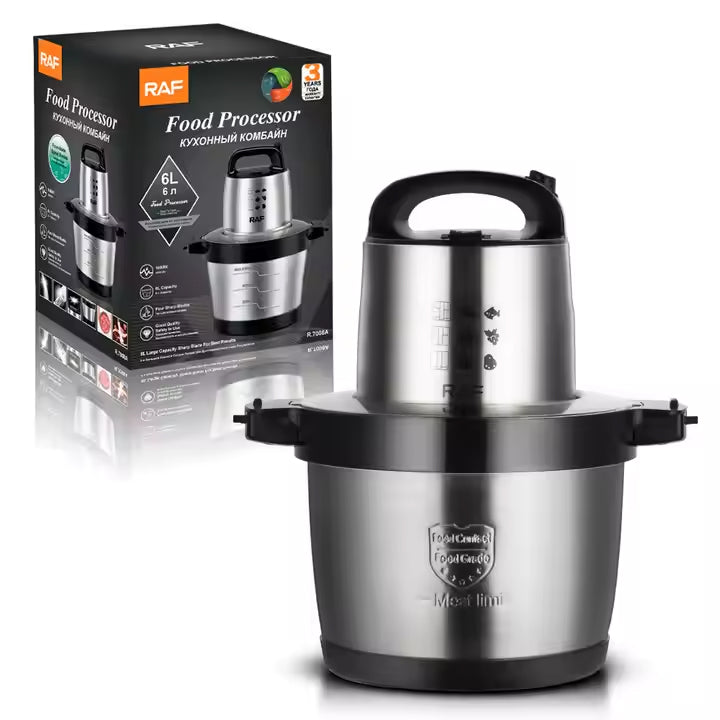 RAF Stainless Steel Food Processor & Chopper with Four Blades for Blending & Grinding - 1600W & 6 Litres