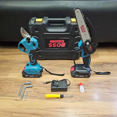 BOSS 2-in-1 Cordless Pruning Scissors & Mini Handheld Chainsaw Kit