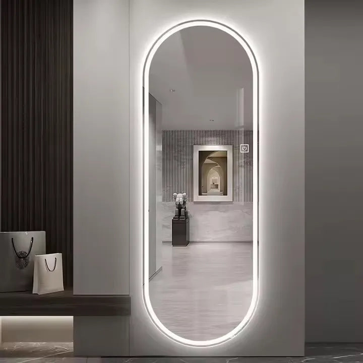 Elegant Capsule Shape LED Bathroom Mirror with Touch Control Wall-Mounted & 3 Adjustable Light Effects for Grooming and Makeup - 60 x 150 cm