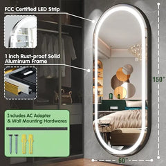 Elegant Capsule Shape LED Bathroom Mirror with Touch Control Wall-Mounted & 3 Adjustable Light Effects for Grooming and Makeup - 60 x 150 cm