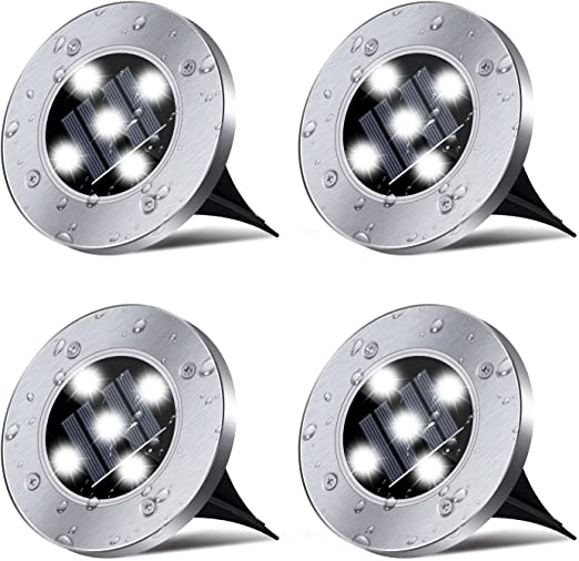 Set of 4 Round Solar Powered Garden LED Lights for Ground Pathway with UV and Water Resistance