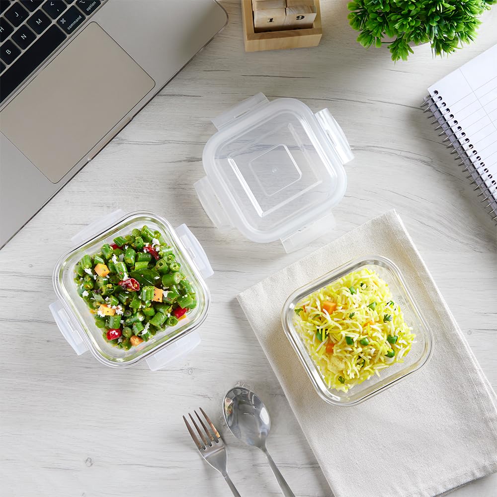 Borosil Klip N Store Lunchbox Set with Bag, 2 Square Borosilicate Glass Containers (320ml Each), Leak-Proof, Microwave & Dishwasher Safe