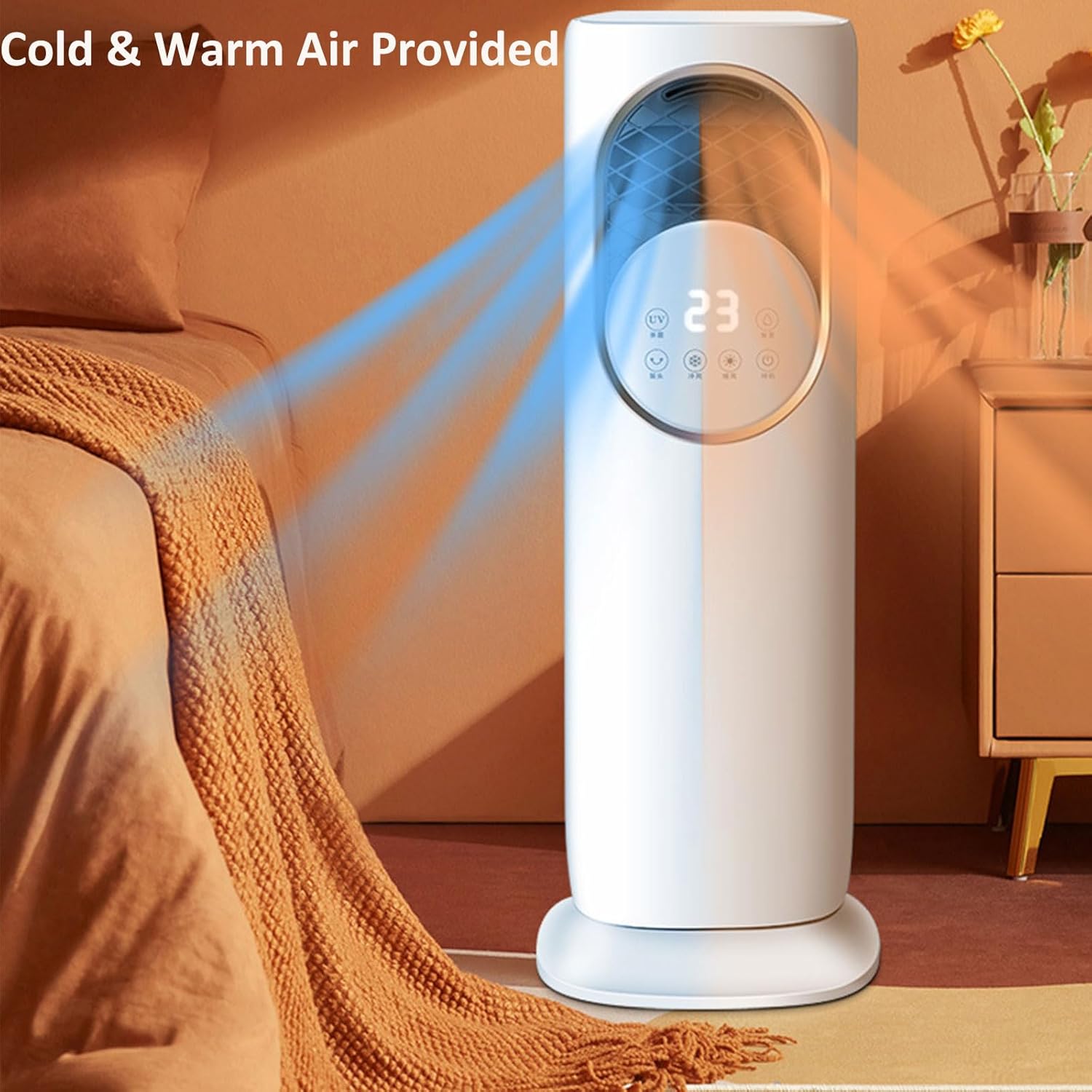 5-in-1 Cooling & Heating Tower Fan with Misting, Humidifier, UV Sterilization, LCD Touch Screen & Ice Crystal Cooling – 1800W Heater, 60W Cooler