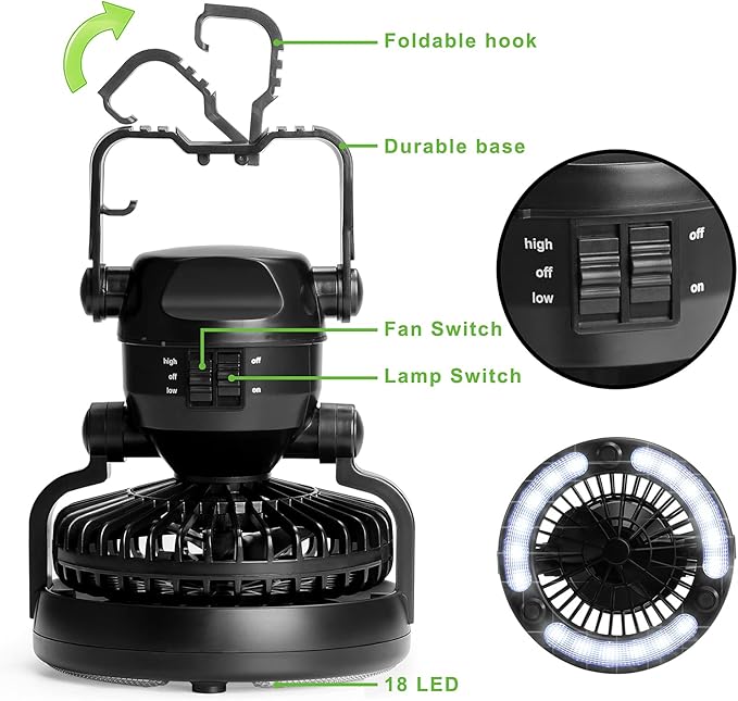 2-in-1 Multipurpose Ceiling & Desktop Fan with LED Light & Built-in Hook & Long-Lasting Battery
