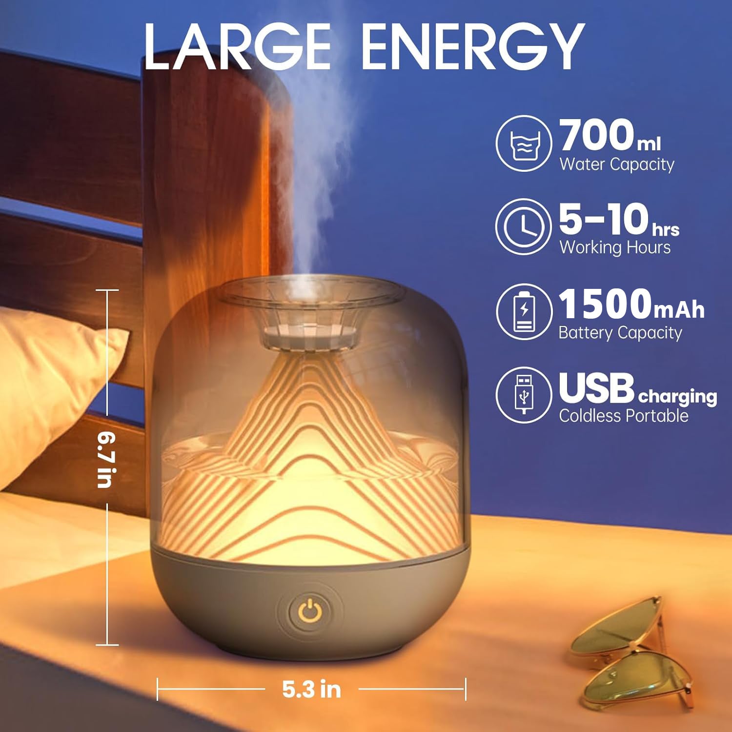 Rechargeable Ultrasonic Humidifier with Ambient Night Light, Top-Fill Transparent Tank & Portable Cordless Design - 700ml