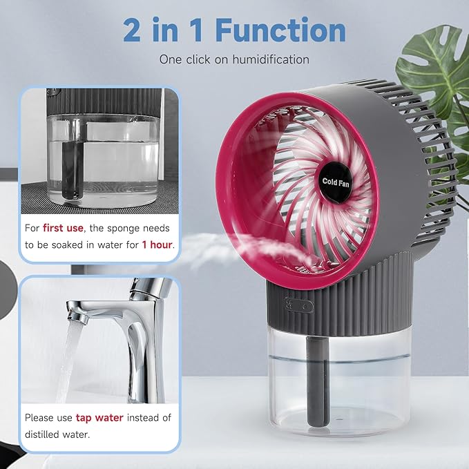 3-in-1 Portable Rechargeable Air Conditioner Mist Fan with 350ml Water Tank, Multicolor Night Light & 3-Speed Cooling