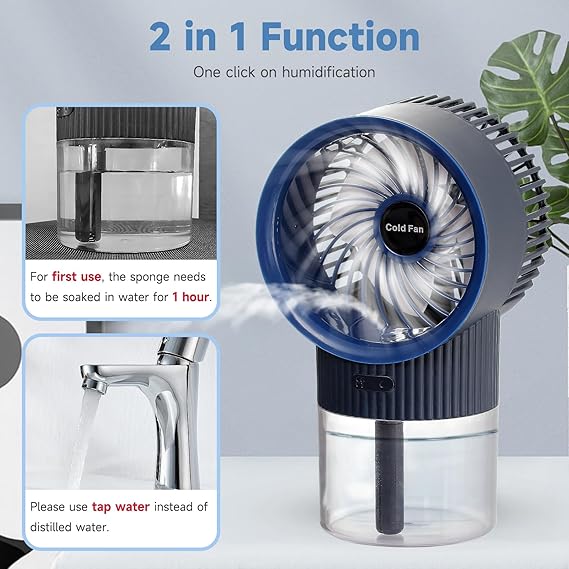 3-in-1 Portable Rechargeable Air Conditioner Mist Fan with 350ml Water Tank, Multicolor Night Light & 3-Speed Cooling