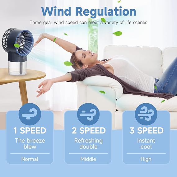 3-in-1 Portable Rechargeable Air Conditioner Mist Fan with 350ml Water Tank, Multicolor Night Light & 3-Speed Cooling
