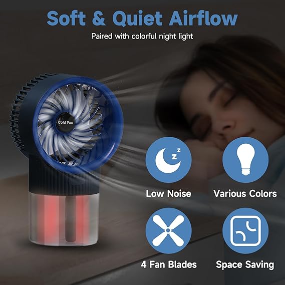 3-in-1 Portable Rechargeable Air Conditioner Mist Fan with 350ml Water Tank, Multicolor Night Light & 3-Speed Cooling