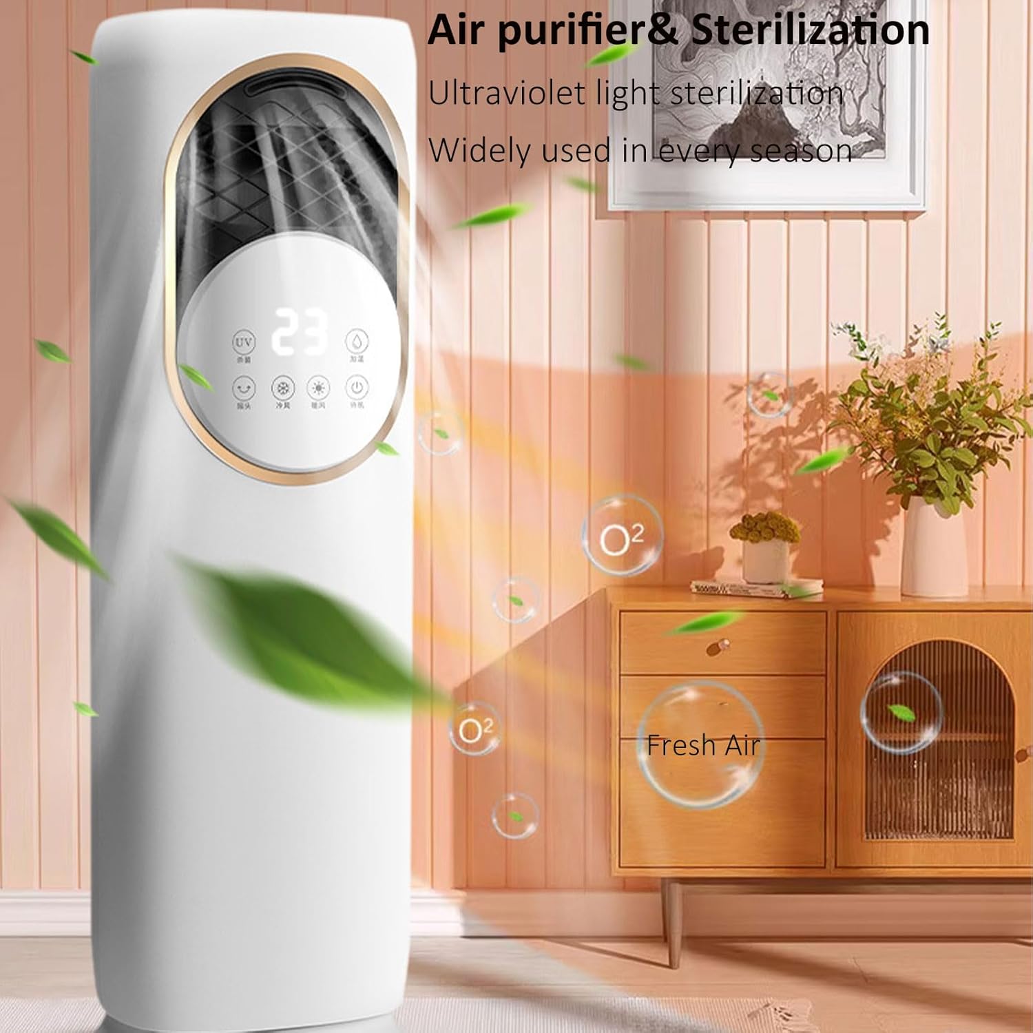 5-in-1 Cooling & Heating Tower Fan with Misting, Humidifier, UV Sterilization, LCD Touch Screen & Ice Crystal Cooling – 1800W Heater, 60W Cooler