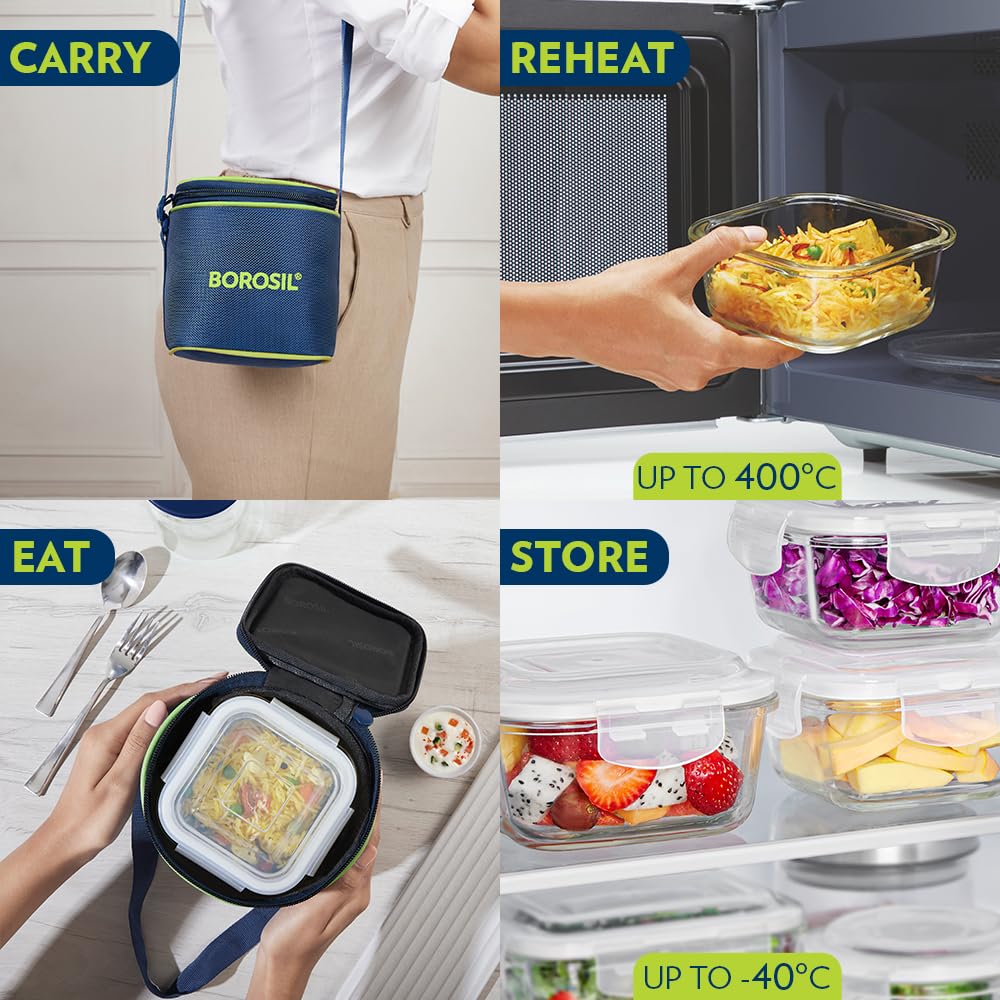Borosil Klip N Store Lunchbox Set with Bag, 2 Square Borosilicate Glass Containers (320ml Each), Leak-Proof, Microwave & Dishwasher Safe