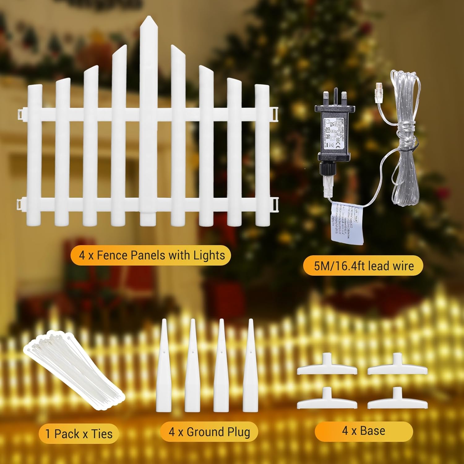 مصابيح سياج LED مزخرفة مع تركيب سهل بالمشبك وأوضاع متعددة - مجموعة من 8 قطع - أبيض دافئ (الحجم الإجمالي 280 × 28.5 سم)