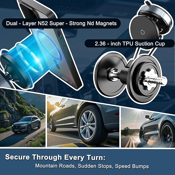 360° Rotatable Magnetic Phone Holder with Strong Vacuum Suction Cup & Universal Compatibility for Car, Desk & Gym