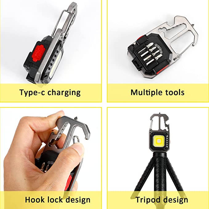 Multifunctional Emergency COB Light Tripod Keychain with Screwdriver Wrench Tool, Bottle Opener & G