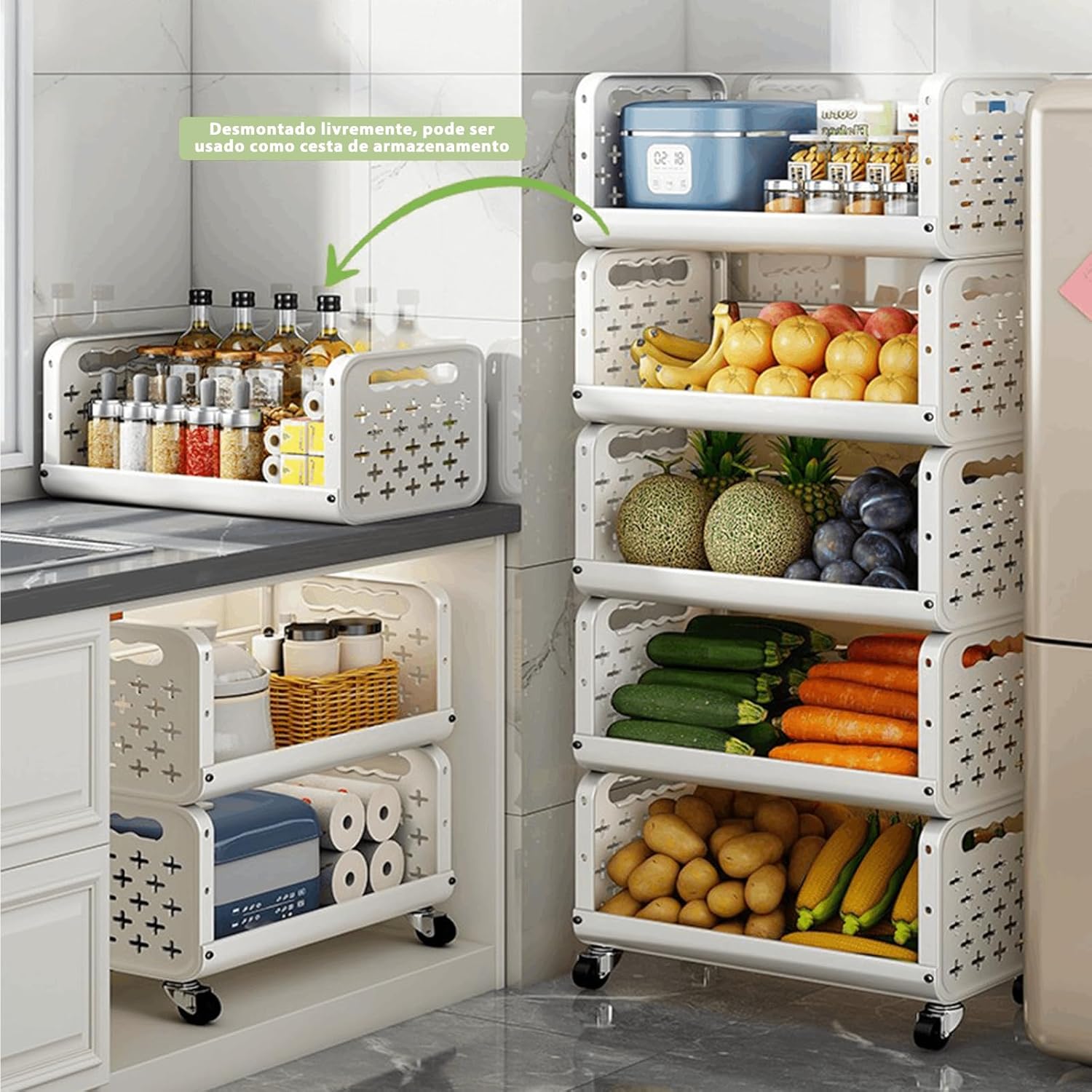 Multi Layer Movable Multipurpose Storage Rack with Wheels for Fruits, Vegetables, Snacks, Makeup, and Bathroom Essentials