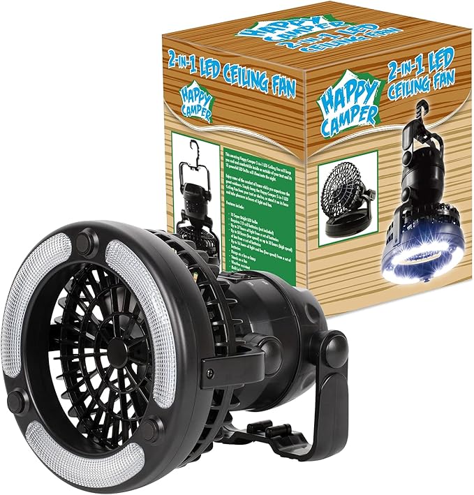 2-in-1 Multipurpose Ceiling & Desktop Fan with LED Light & Built-in Hook & Long-Lasting Battery