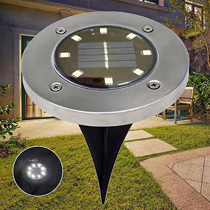 Set of 4 Round Solar Powered Garden LED Lights for Ground Pathway with UV and Water Resistance