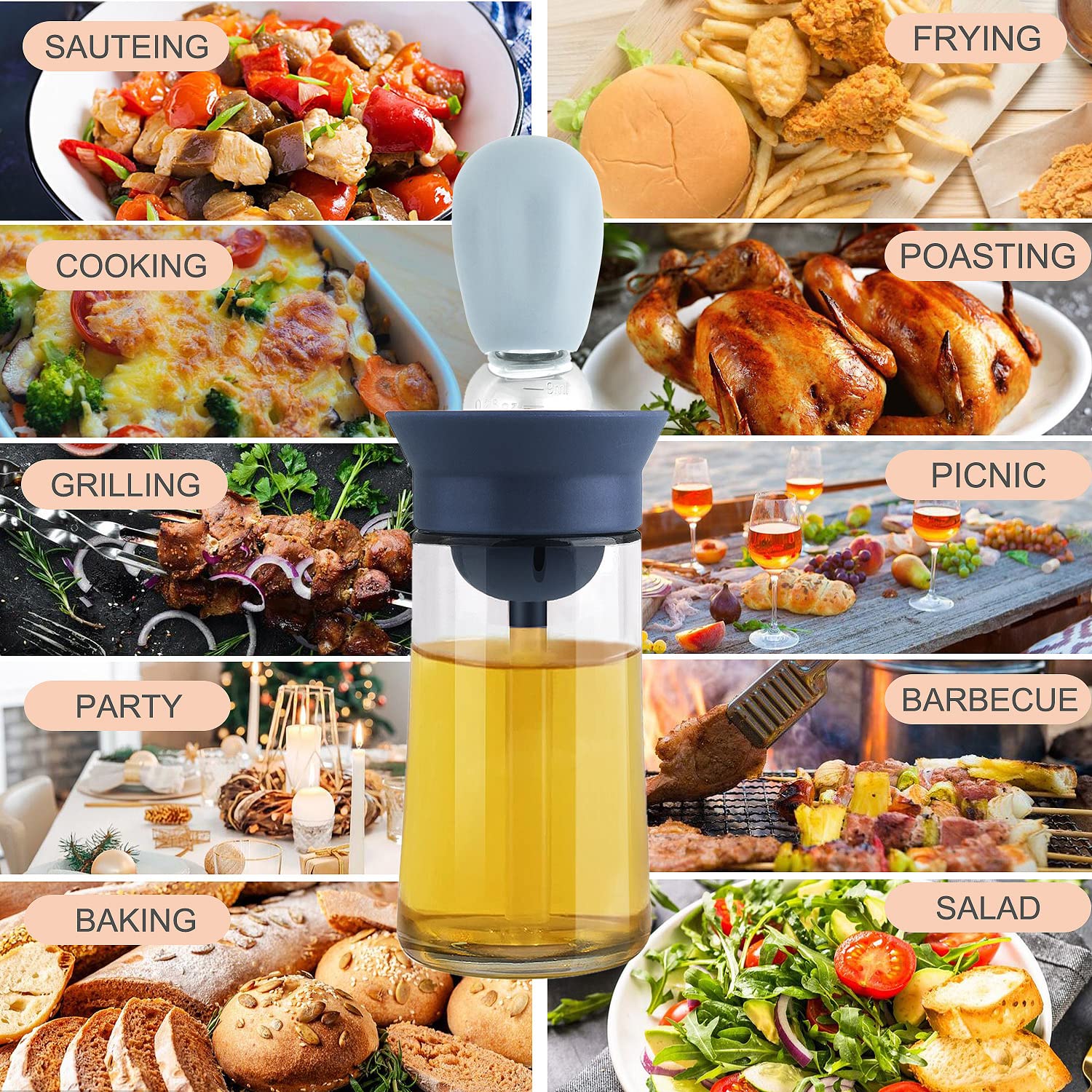 2-in-1 Oil Dispenser Bottle with Silicone Dropper & Brush with Scale and Lid for Accurate Cooking, Baking, Grilling & Basting