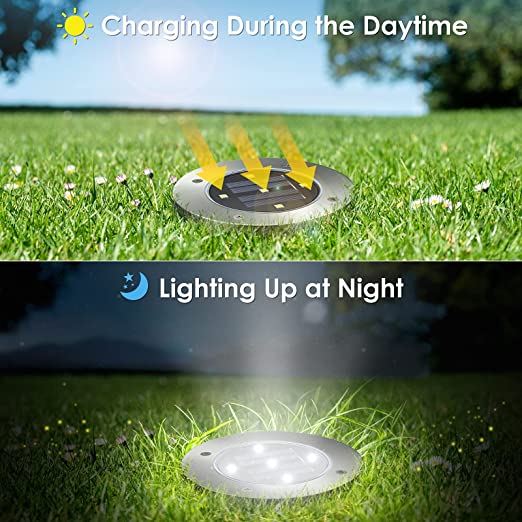Set of 4 Round Solar Powered Garden LED Lights for Ground Pathway with UV and Water Resistance