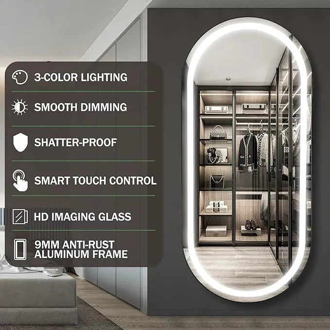 Elegant Capsule Shape LED Bathroom Mirror with Touch Control Wall-Mounted & 3 Adjustable Light Effects for Grooming and Makeup - 60 x 150 cm