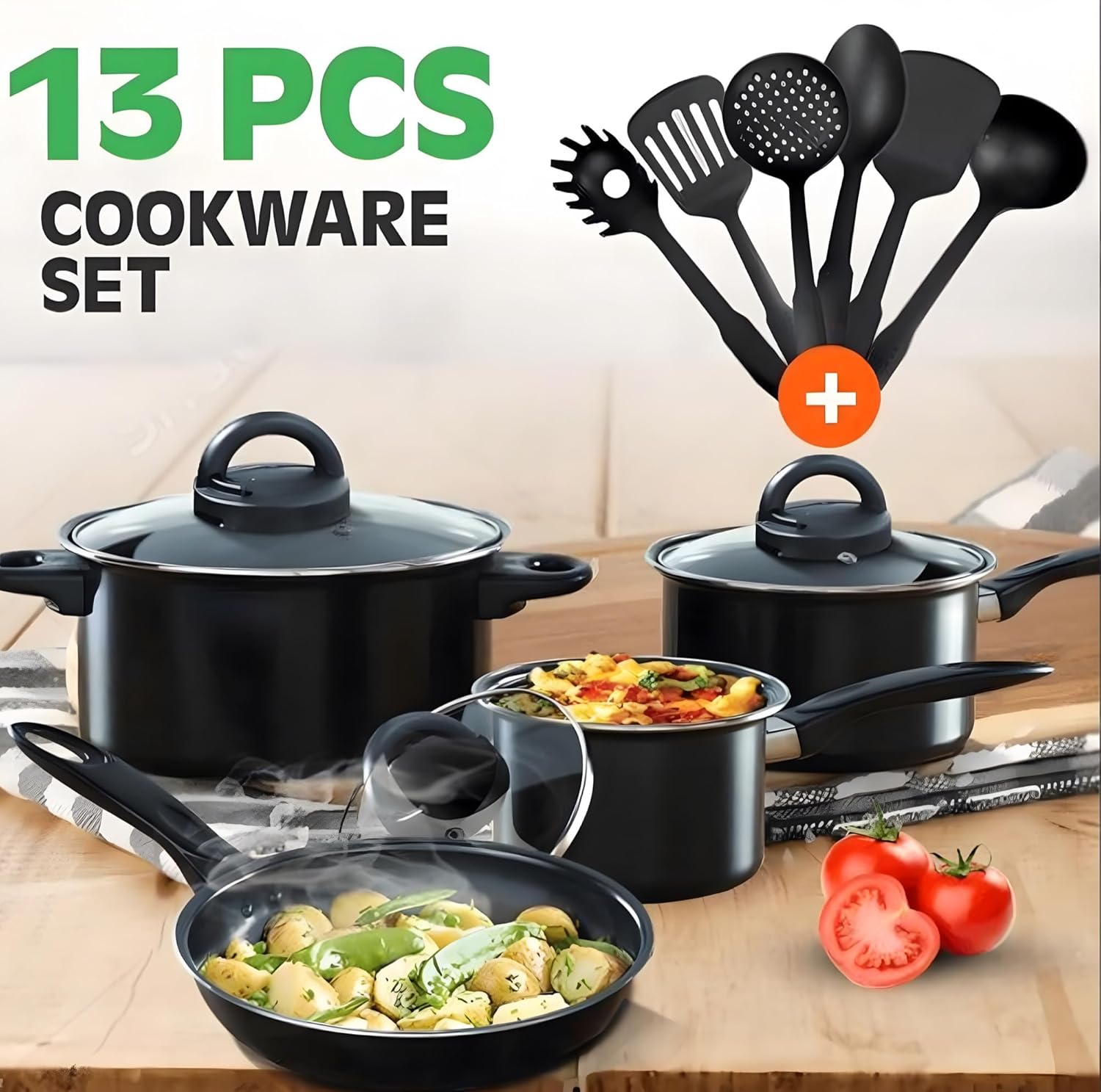 13-Piece Non-Stick Metal Cookware Set with Tempered Glass Lids, Comfort-Grip Handles & Eco-Friendly Coating – Sizes from 14 cm to 22 cm