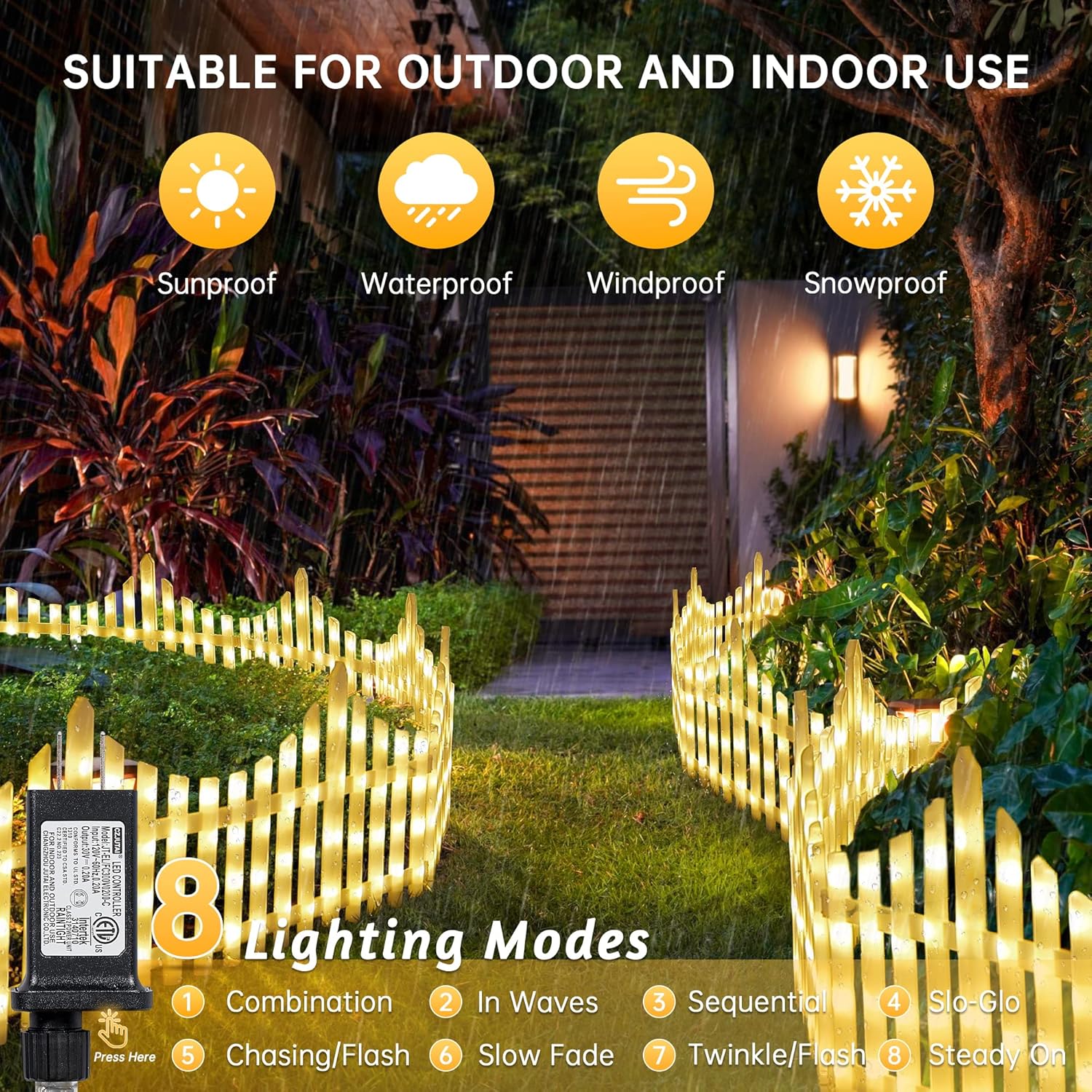 مصابيح سياج LED مزخرفة مع تركيب سهل بالمشبك وأوضاع متعددة - مجموعة من 8 قطع - أبيض دافئ (الحجم الإجمالي 280 × 28.5 سم)