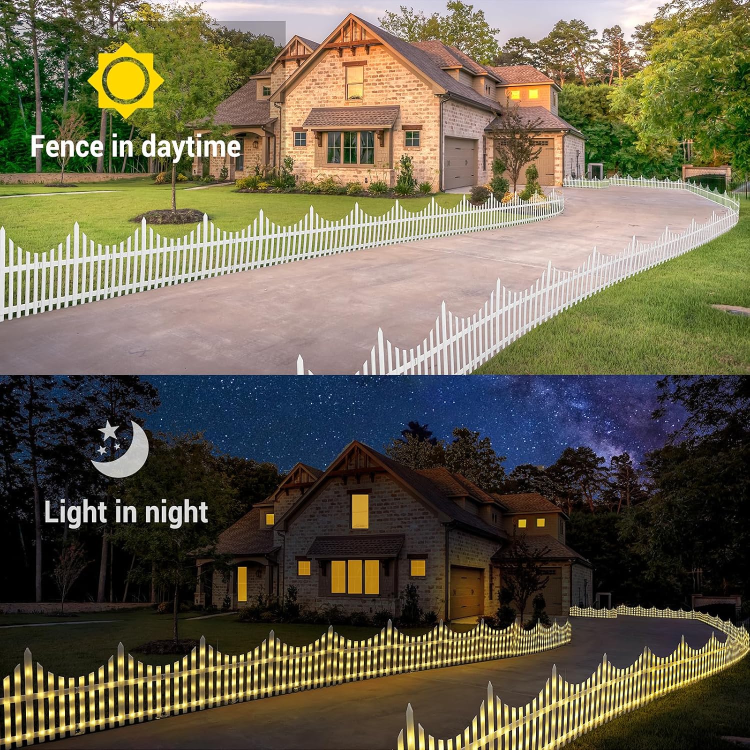 مصابيح سياج LED مزخرفة مع تركيب سهل بالمشبك وأوضاع متعددة - مجموعة من 8 قطع - أبيض دافئ (الحجم الإجمالي 280 × 28.5 سم)