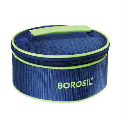 Borosil Glass 620ml Tiffin Lunch Box with Blue Carry Bag – Airtight & Leak-Proof Single Container, Durable 360g Glass, Compact Food Storage for Office, School & Travel