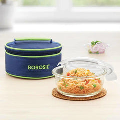 Borosil Glass 620ml Tiffin Lunch Box with Blue Carry Bag – Airtight & Leak-Proof Single Container, Durable 360g Glass, Compact Food Storage for Office, School & Travel